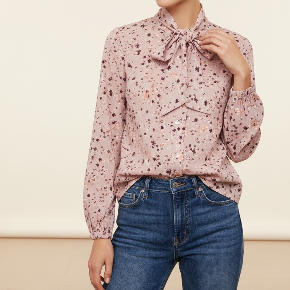 Mystree NWT Floral Tie Neck Blouse Womens M Blush Pink Plum Button Front Boho